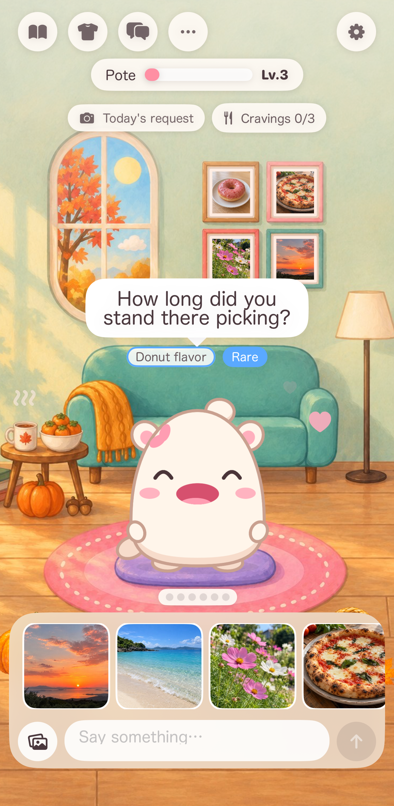 Mogyu in its cozy room in the iPhone app